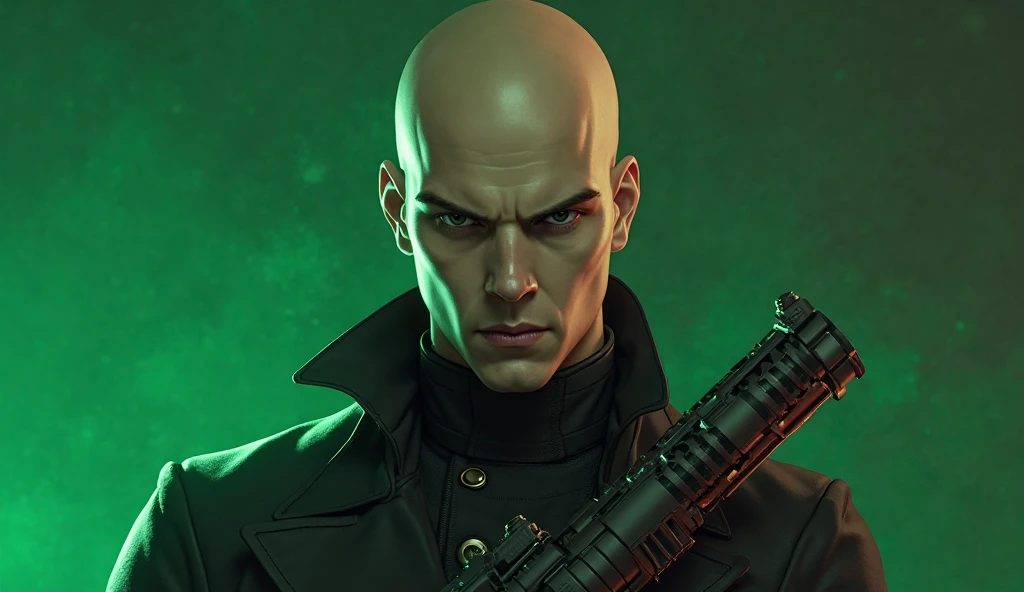 Create an image of a bald male agent as the main character in Valorant. He should exude a confident and determined look. His weapon should be kuronami vandal. The background should subtly hint at an Ascendant rank level, green in tint. The overall design s...