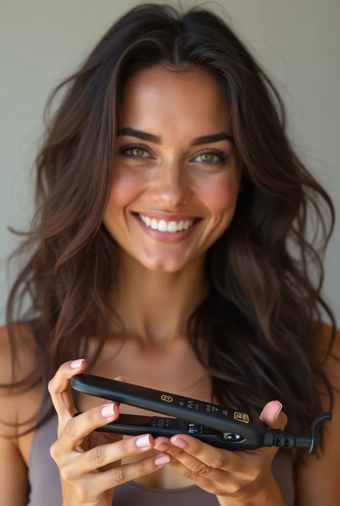 a brown woman, dark green eyes, hair just below the shoulder holding a Mini Hair Straightener with your hands (a Mini Hair Straightener), with a smile on my face advertising the product that is holding, with wavy hair. with appropriate clothing. I want it ...