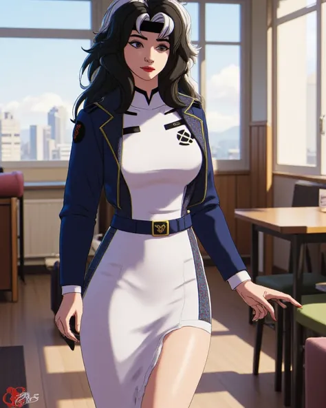  A female student uniform consists of a white dress with a plaid pattern on the skirt, a navy-blue waist belt with gold accents, a navy-blue blazer jacket with gold accents, and a navy-blue tie, female students can also wear knee-high high-heel boots with ...