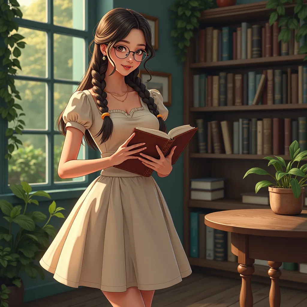 A beautiful woman in a cute Pennefore dress. long braids. round glasses. large dreamy eyes. he Official Art – An Award-Winning Digital Masterpiece In 4K Ultra HD, Extreme Detail And Intricate Realism. This Concept Art Brought To Life By The Hands Of Artist...