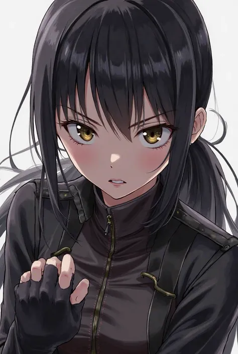 - **Character:** A 16-year-old anime girl  
- **Expression & Demeanor:** Her intense, serious, and angry gaze tells of determination and inner conflict.  
- **Appearance:**  
  - **Hair:** Long, dark hair tied back in a low ponytail with a few loose strand...