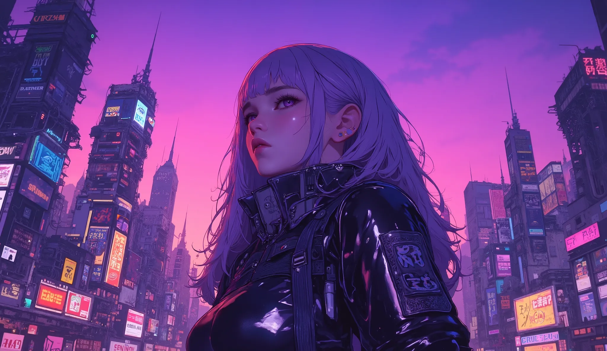 highest quality　Ultra delicate　Japanese anime anime　 one pretty girl　　Strong shadows 　contrast after screen action 　サイバーpunk　punk 　Emotional　Sadness　sunset　twilight　Purple　Big boobs staring at the sunset　 popup