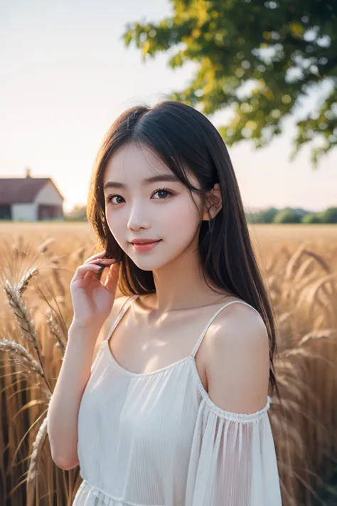  1 girl, 20 years old, Tall and attractive, Wearing a cute country dress, , It stands in a rustic farmhouse setting . She is kind, A kind smile and expressive eyes.  There is a charming barn in the background ,  Golden wheat fields and clear blue skies  . ...