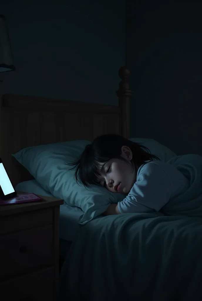 **Prompt:**  
"A dimly lit bedroom with a bed where the girl sleeps, her face peaceful but unaware of the looming danger. On the nightstand beside her, a phone is recording, its screen glowing faintly in the dark. The room feels heavy, with dark corners an...