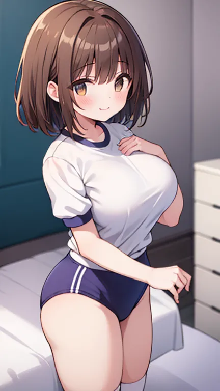 (masterpiece、highest quality、detail))、one girl、 brown  hair、twin tale,Naughty smile、、((big breast))、(( gym uniform at the sports square))、 location is bedroom 、 she is standing on all fours with her back and butt facing the viewer、Short sleeve、she is fixin...