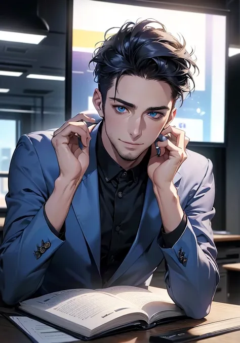 (Best Quality,4K,8k, highres,masterpiece:1.2),breasts,(Realistic,photoRealistic,photo-Realistic:1.37),1 man,31 years old,mature man,very pretty,  inexpressive,  smile,short and blue  , blue eyes,  penetrating look,no errors, stately posture,business person...