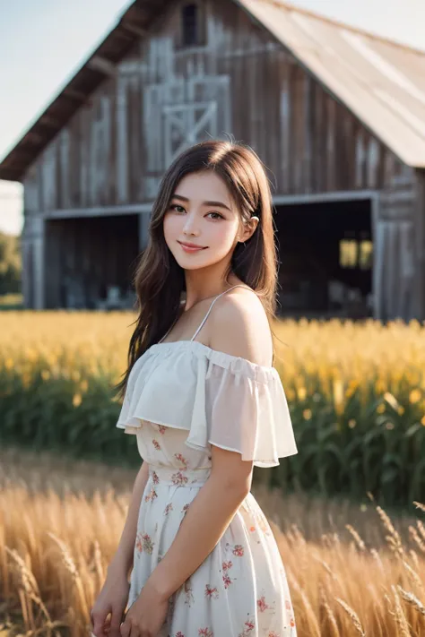  1 girl, 20 years old, Tall and attractive, Wearing a cute country dress, , It stands in a rustic farmhouse setting . She is kind, A kind smile and expressive eyes.  There is a charming barn in the background ,  Golden wheat fields and clear blue skies  . ...