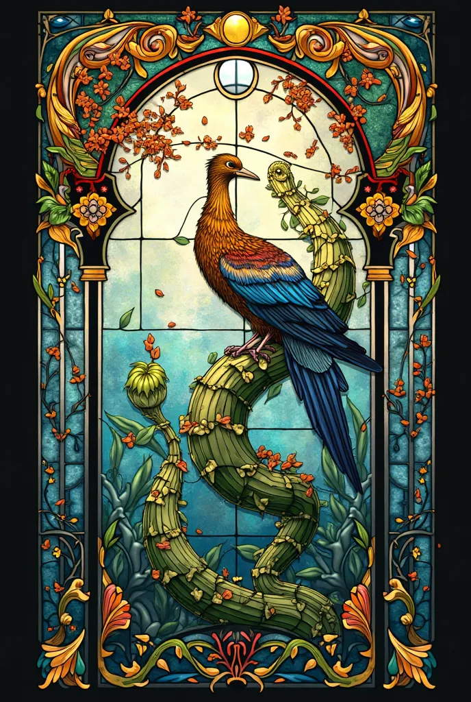 Make a picture of a stained glass window with a bird, a snake and a plant, Art Nouveau style 