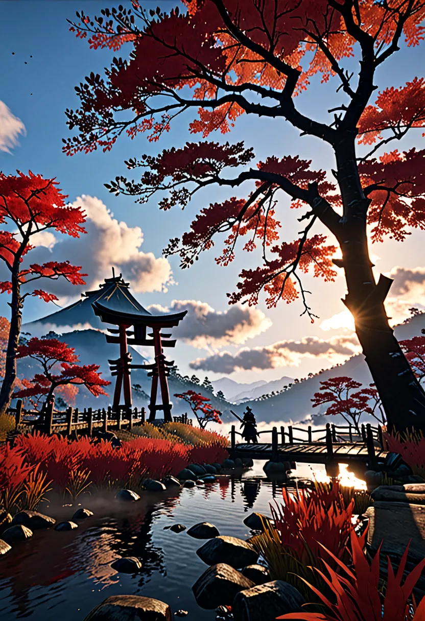  Ghost of Tsushima, an axe, Beautiful sky at sunset　 photos　Delicate CG　Beautiful riverside　Japan　Beautiful scenery　torii　autumn leaves　Quiet Forest　, [ Red Dead  ], 4 0 9 6, 2025 video game screenshot, gameplay is still, RDR 2 MOD, an axe mountain, cryeng...