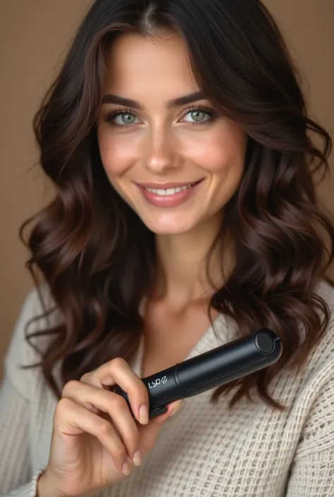 brown woman, dark green eyes, hair just below the shoulder holding a Mini Hair Straightener with your hands (a Mini Hair Straightener), with a smile on my face advertising the product that is holding, with wavy hair. With clothes suitable for modeling, . I...