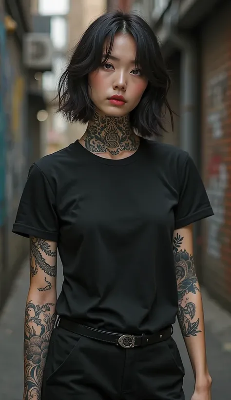 mock up black color back looking t-shirt with korean female model tattooed on back neck and hands, urban background