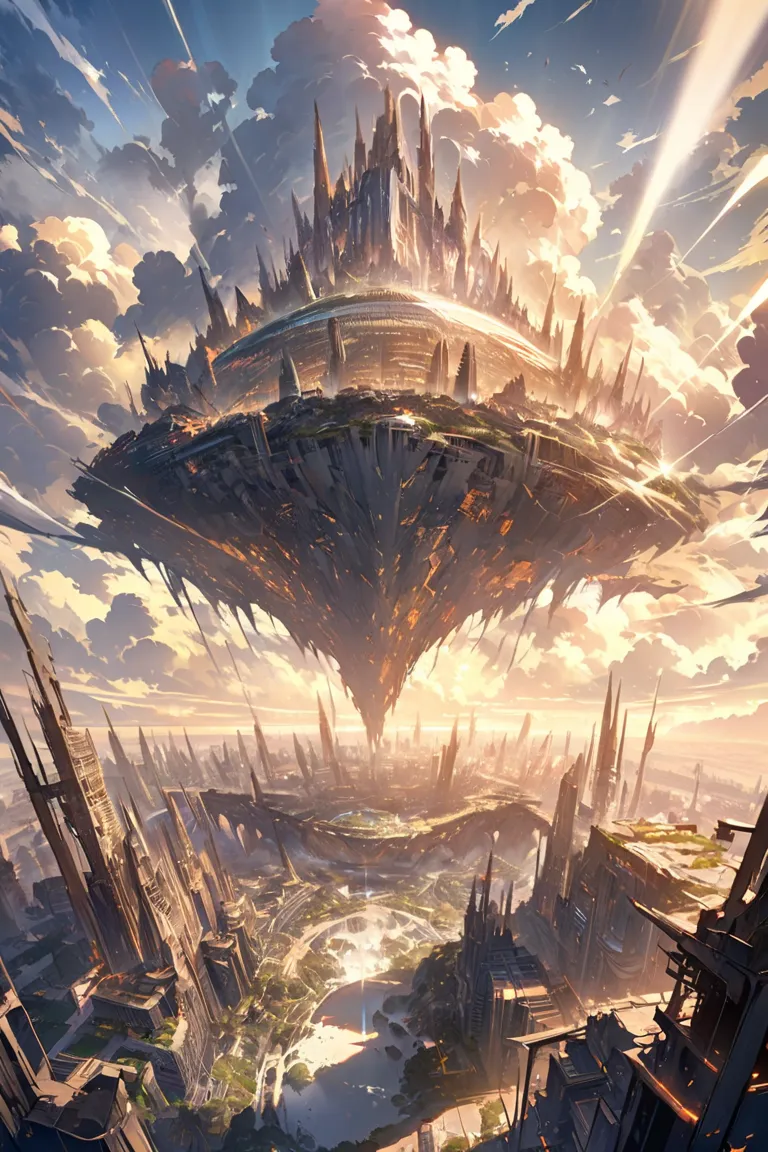 super fine illustration, masterpiece, best quality, view from the hill, destroyed future city, pale white light, Sunlight shining through gaps in the thick clouds, A horde of angels with shining wings descends from the clouds