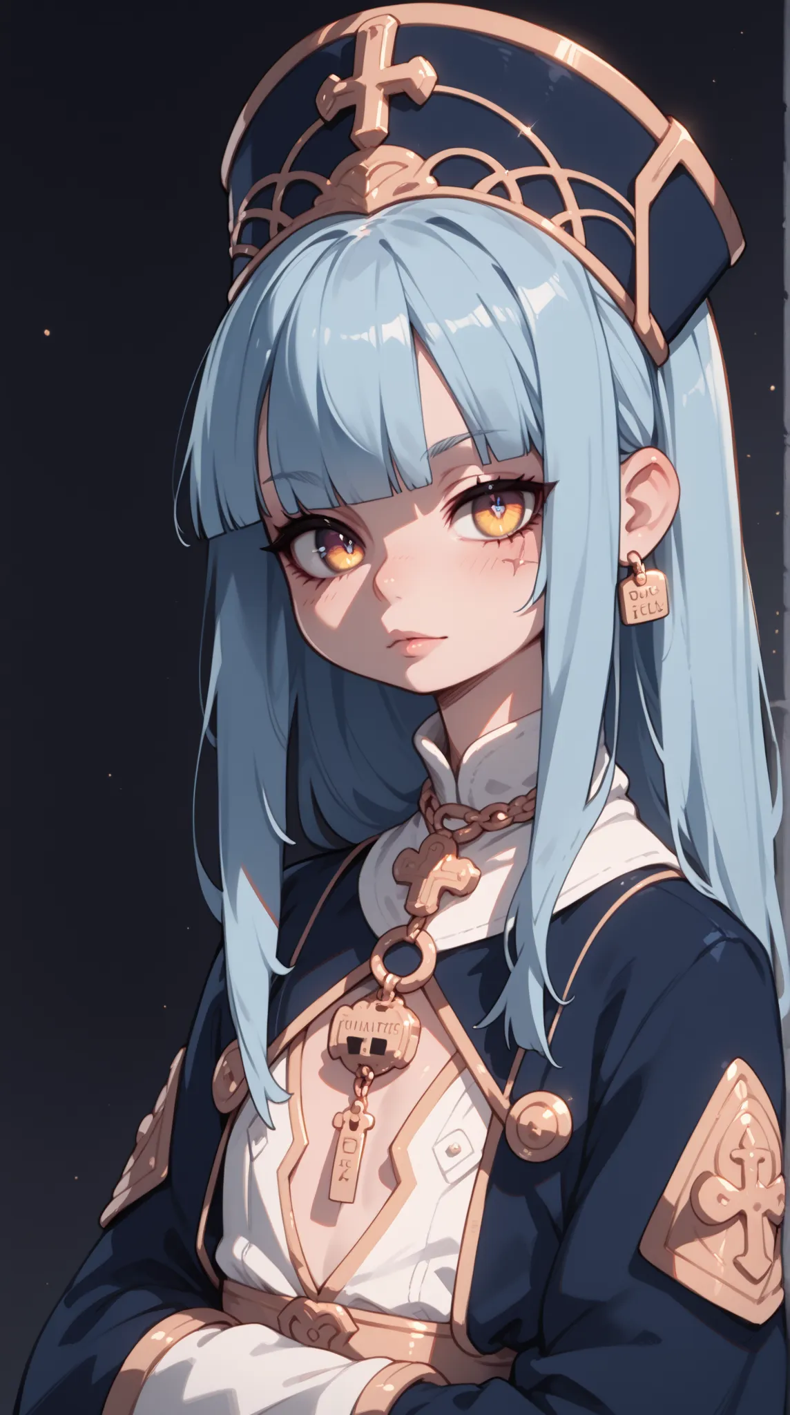 1 girl（very young）、full body、,light blue  hair,very long hair,hime cut,hair over one eye,white eyes, horizontal pupils,priest, one eye closed(Scars in closed eyes) ,flat chest, Pale skin