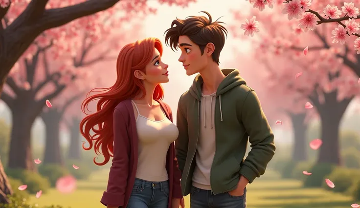 The image is made in the style of 3D animation, reminiscent of Disney or Pixar cartoons. Characters with large cartoon eyes. Conveys an atmosphere of warmth, romance and magic. All the details are carefully worked out. The image shows a romantic scene with...