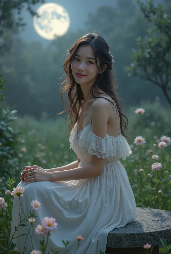 realistic girl , in the middle of a flowery garden ,  under the silver light of the moon , She walked barefoot on the soft grass. reflecting the night glow. She wore a delicate silk dress, that glided smoothly through her curves.  with a mischievous look ,...