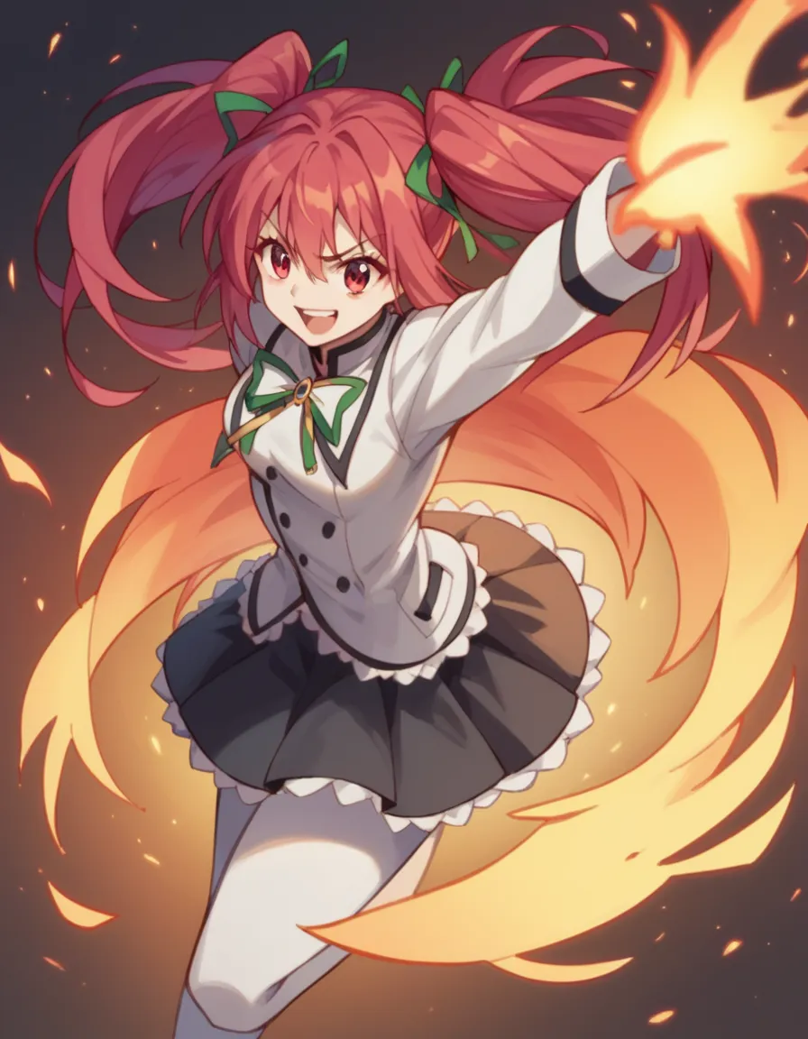 Create an image of Claire Rouge, a character from "Seirei Tsukai no Blade Dance". Claire is a 17-year-old beautiful girl with long, vibrant red hair that is often styled in a ponytail or twin tails. Her eyes are yellow, exuding both intelligence and a happ...