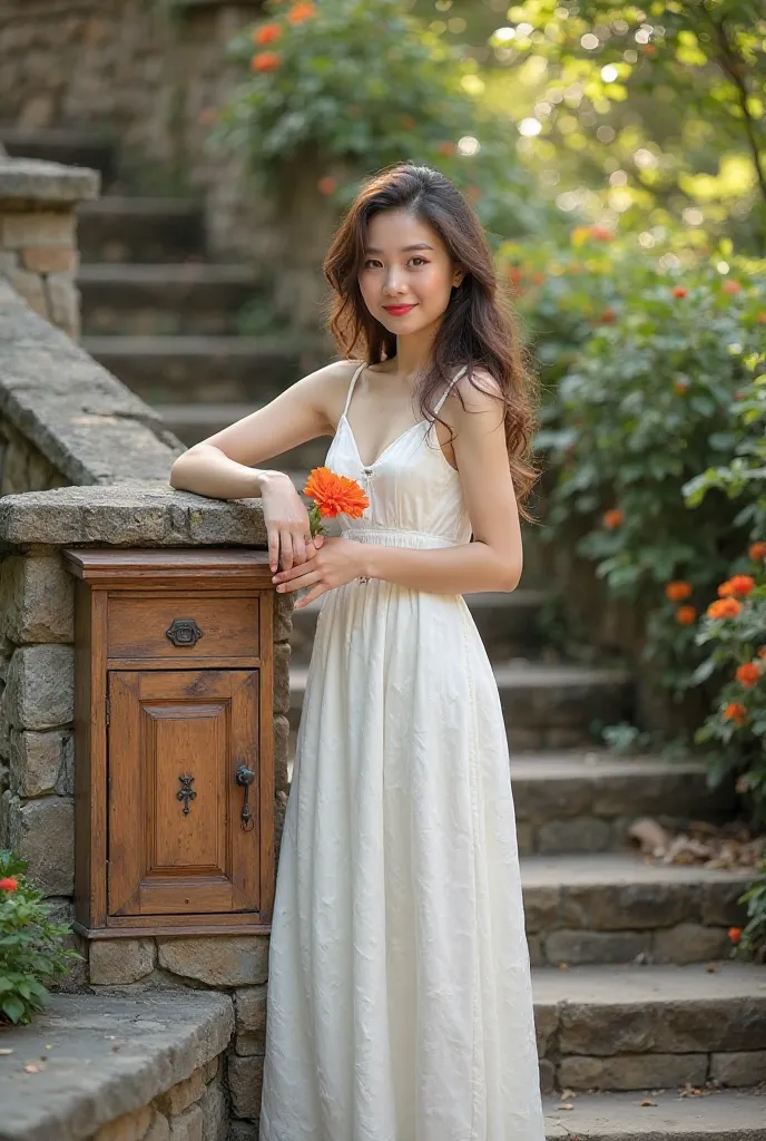 Description of the object and situation 
A young woman with wavy hair stands near a stone fence on a staircase in the garden. It is slightly tilted forward, with her elbow resting on a wooden mailbox, and holds a.  Her facial expression is calm , with a sl...