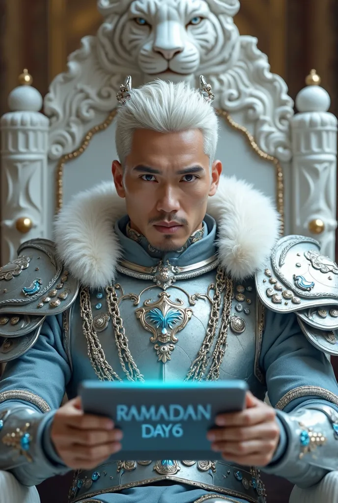 close-up ,Handsome Sundanese knight ,with white hair in neat pigtails,, and athletic body ,Wearing Colossal Combat Armor, Epic,and Legendary,combinations,Silver and light blue,with chain ornament,and blue gems,with white fluffy collar,Sitting Relaxing On A...