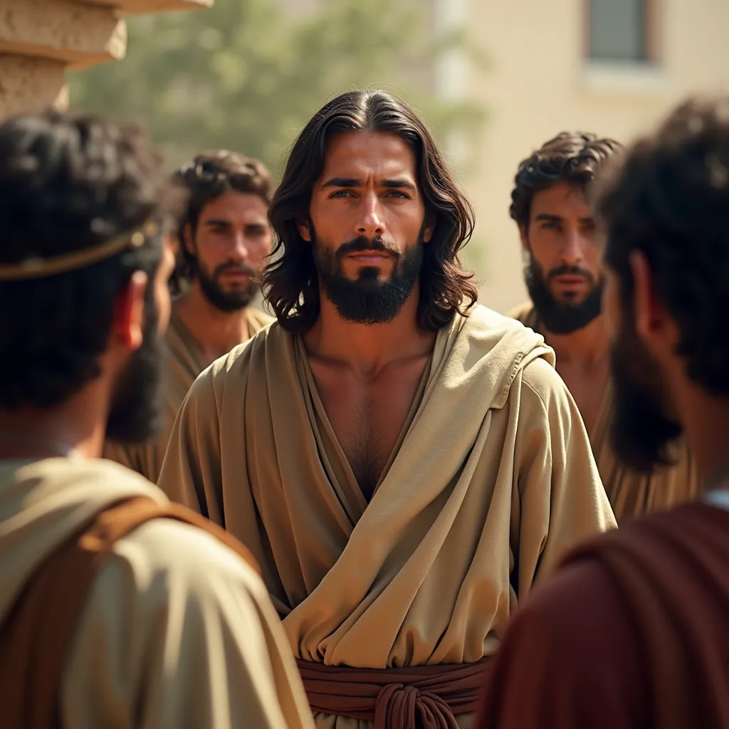 A group of disciples gathers around Jesus Christ, who stands at the center, radiating wisdom and compassion. Jesus, a first-century Jewish man with a medium to dark complexion, deep-set dark eyes, and shoulder-length dark hair, listens attentively with a c...