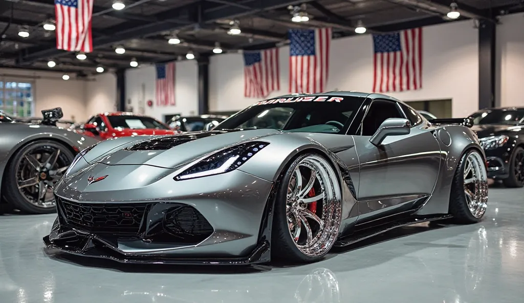 A highly customized Chevrolet Corvette zora with an ultra-modern, low-riding stance, sitting in a luxury auto showroom. The vehicle features a sleek, glossy grey paint job with intricate reflections on its surface. It has massive, chrome multi-spoke wheels...