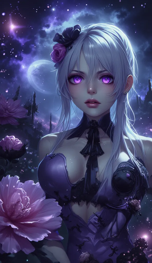 realistic, 1 girl, white hair, purple eyes, bright eyes, crop top, long sexy skirt, parted lips, blush, night, flowers, intense night