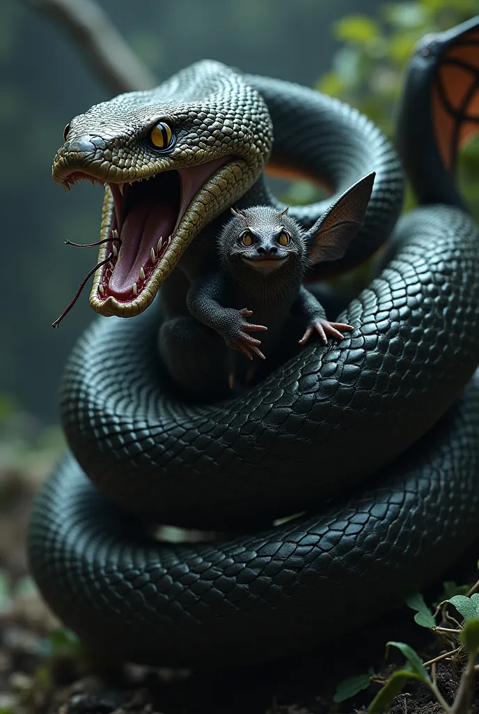 Create me an image of a cobra suffocating a bat 