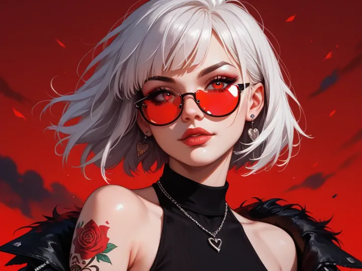 A pale-skinned woman with short white hair, with a long side fringe that covers part of her face, kind of messy mullet style. She has dark red eyes, sadistic expression. She wears a black top with embroidered wine details, has red root tattoos. She wears h...