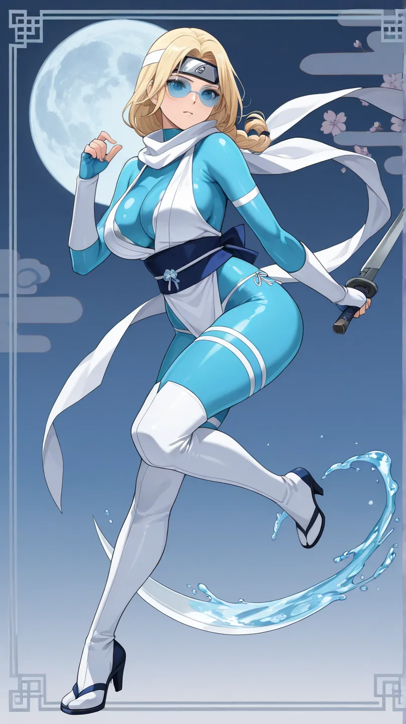 Anime only Emma Frost Bikini,ninja,Hazel eyes, blonde hair,A Low TwinBraid White and Blue decorated with swirling water patterns and intricate Water patterns,A long White scarf decorated with water crystals,Blue Tabi Boots,fingerless gloves,White Ninja Hea...