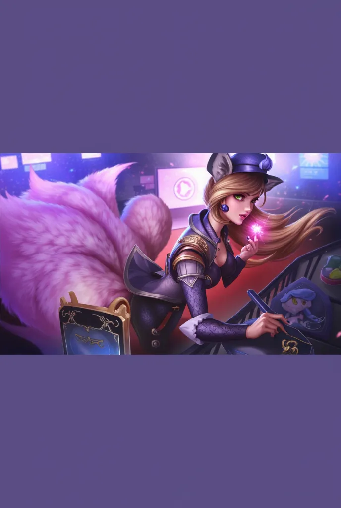  League of Legends、Ahri、Beautiful woman with fox ears and 9 tails、 Glamorous Outfits、Mysterious charm、The background has a fantastic atmosphere