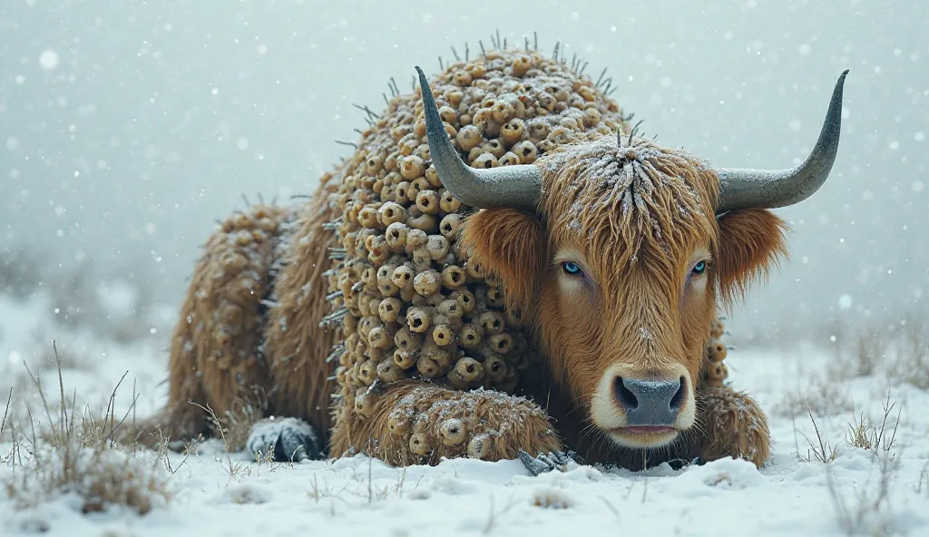 The picture shows a wright cow sitting in a snowy area, with its body heavily infested with beehive-like structures, possibly larvae.