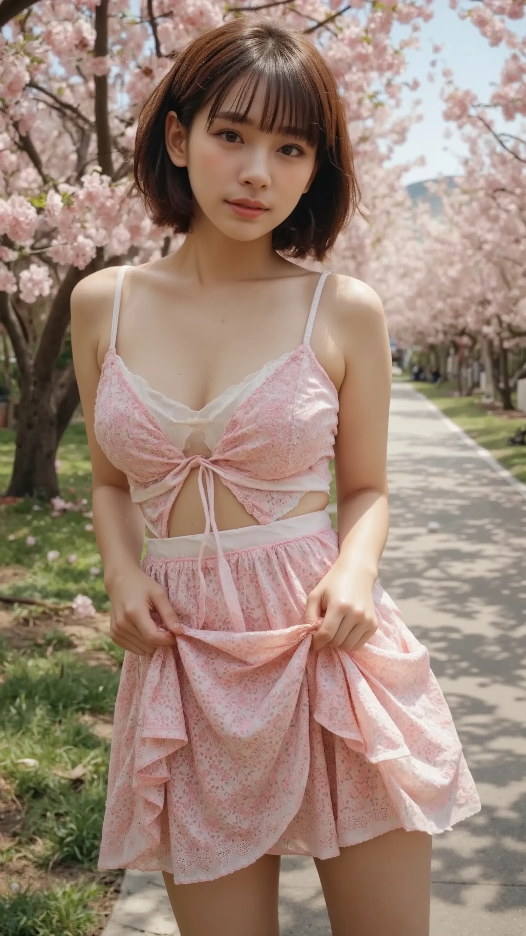 (realistic、as shown in the picture、live-action、8k, Photorealistic)、( cherry blossoms in full bloom:1.3)、(pink lace up sexy flare mini dress、The skirt rolled up in the wind and the pure white panties were visible:1.5、Big breasts stand out:1.4、clothes that f...