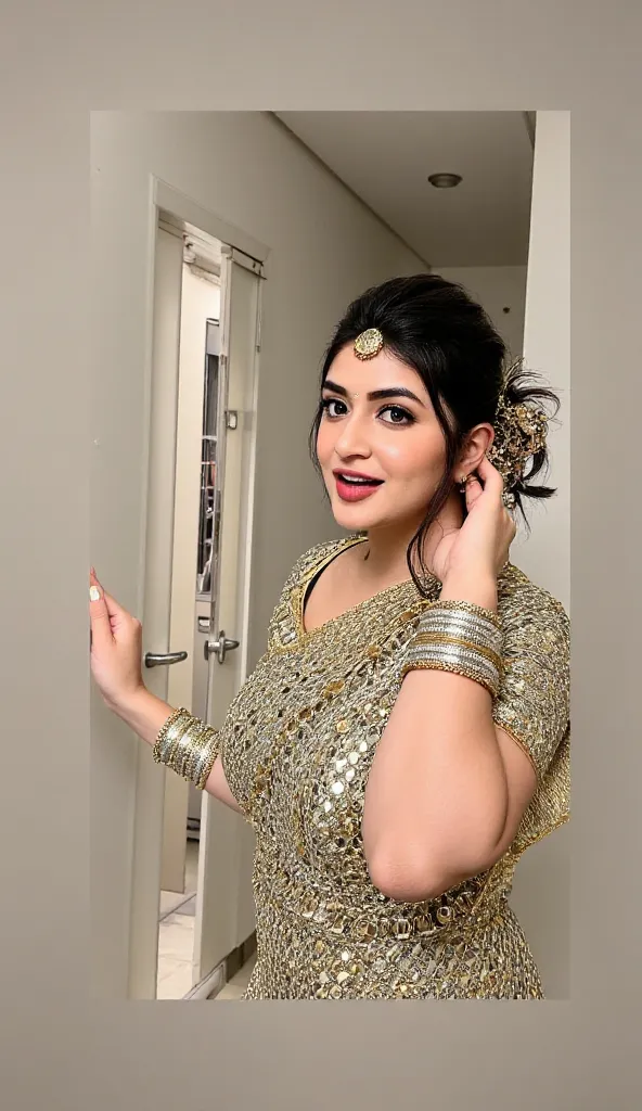 Bright light view,Full body view of a curvy indian bhabhi,Bindi on forehead , plenty bangles in both hands,chain around waist,big cheeks, Hourglass  figure,swooping Big huge enormous gigantic humgous breasts, hair bun tied up, navel,sultry, seductive eyes,...