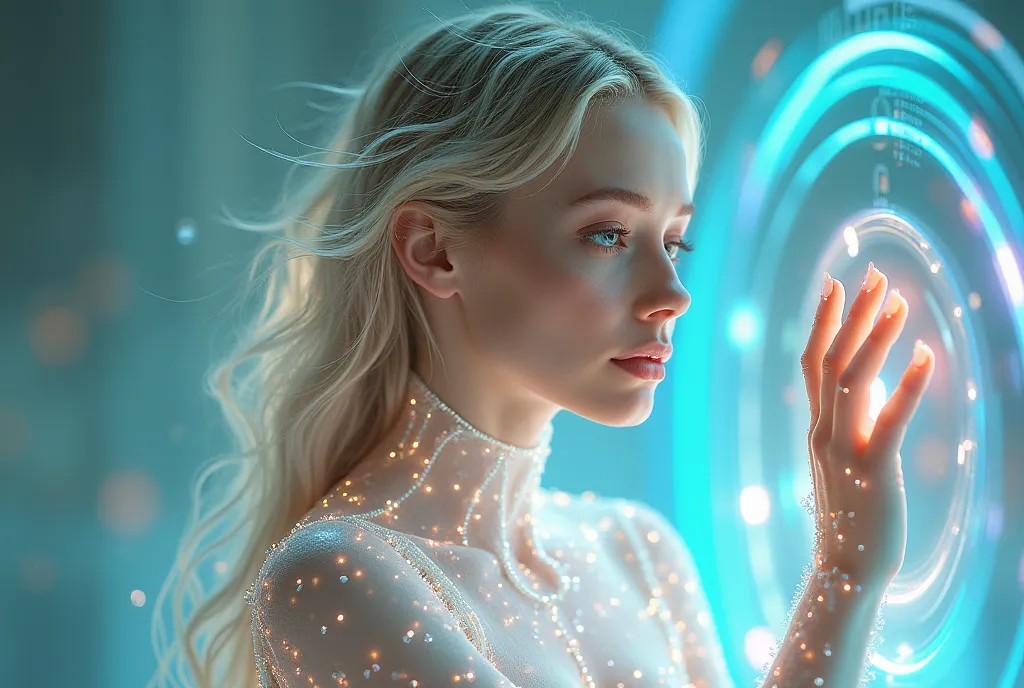 "A heavenly beauty with iridescent opal hair that falls in weightless waves, her eyes with specks of eyes Shining golds with an otherworldly glow. She wears an almost invisible luminescent mesh body that adapts to her body like liquid light, its fabric cha...