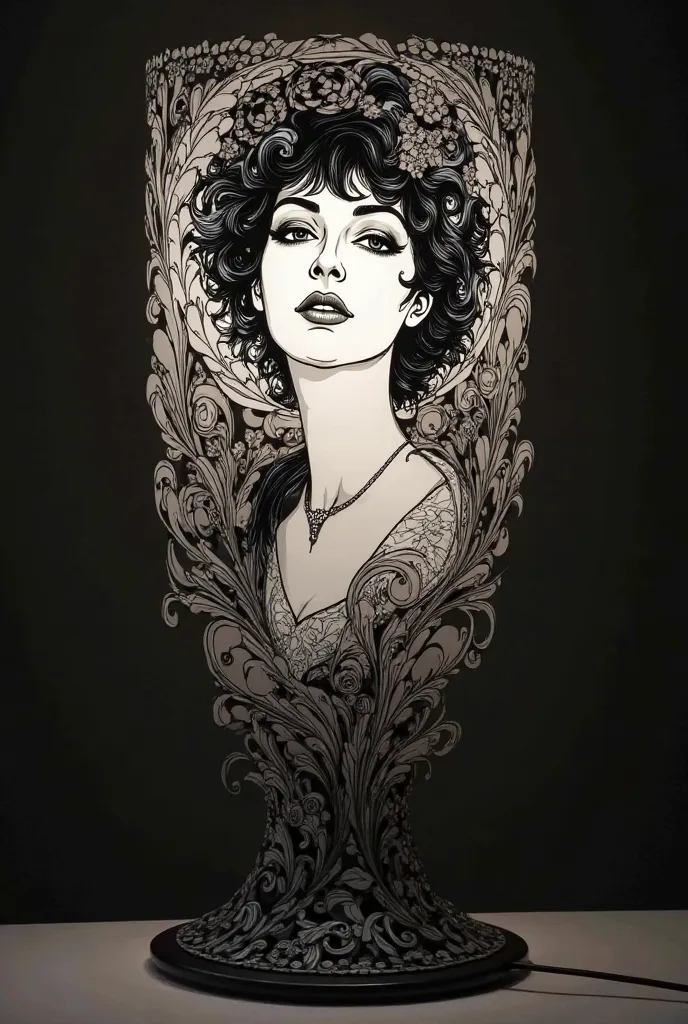 Design a table lamp using the style of black and white portraits and Mucha, without a lampshade