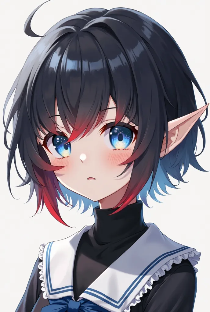 A white girl with extremely short black hair and bangs, a red lock right in the middle of the fringe, some red tips on the side of the hair, some short wavy locks around the cheek. Short elf ears a bit pointed, with blue eyes and light blue details,  a bla...