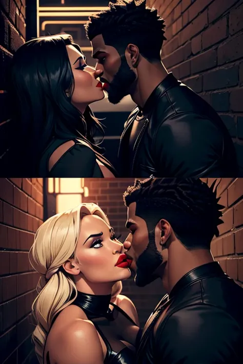 Demi Lovato pushes African American singer Jason Derulo up against a brick wall in the middle of a night-darkened alley as the two engage in a steamy and passionate kiss. Both look happy together. Demi is dressed the way she did in the "Cool for the Summer...