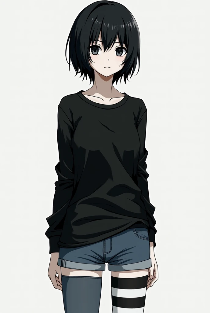 Generate an image according to what I describe below in the style of the anime Death Note:  I'm a girl , I have straight hair, with bangs and short(In the color black and slaps on the shoulder), I wear a loose black long-sleeved shirt with jeans (the shirt...