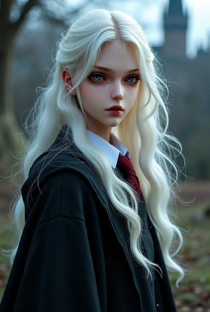 She is a girl with silver-white hair, dark red eyes, pale skin, beautiful and elegant face, wearing Hogwarts uniform.