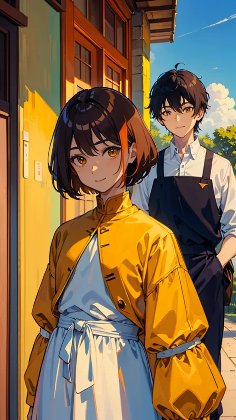 anime, blue sky、 everyday wear、A beautiful young man who looks like a woman with long, straight, ochre hair and an elementary school boy、dark brown skin、orange and lapis hair、smile、Big cat eyes、yellow high neck shirt 、Don&#39;t show your breasts、brown long...