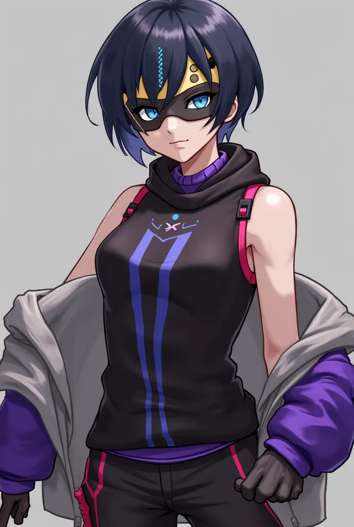 Game Free Fire style character,  with short hair , bone back, blue eyes, black mask with gold details, vertical light blue mark on the forehead above the eyes, black tank top with purple and red gradient details, with open gray jacket with purple sleeves, ...