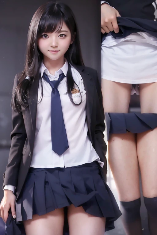 1 girl, school uniform, lift up skirt, show pussy, smile, random hairstyles, black hair, 