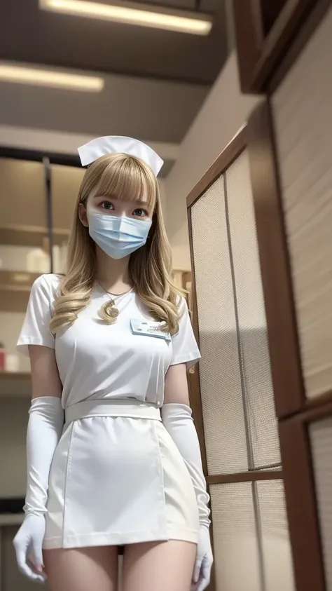 ((White Nurse uniform:1.2、nurse cosplay:1.1))、The perfect micro size for the body、skirt、Medium breast、 layer style、blonde hair、Straight Bob Hair、smile、(white rubber gloves)、(((White Mask:1.3)))、smile、Standing in front of the medicine cabinet、Inside the hos...