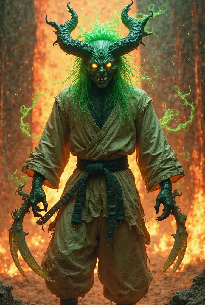 An evil demon with green hair and yellow eyes wearing martial arts clothing, wielding poisoned sickles, surrounded by fire