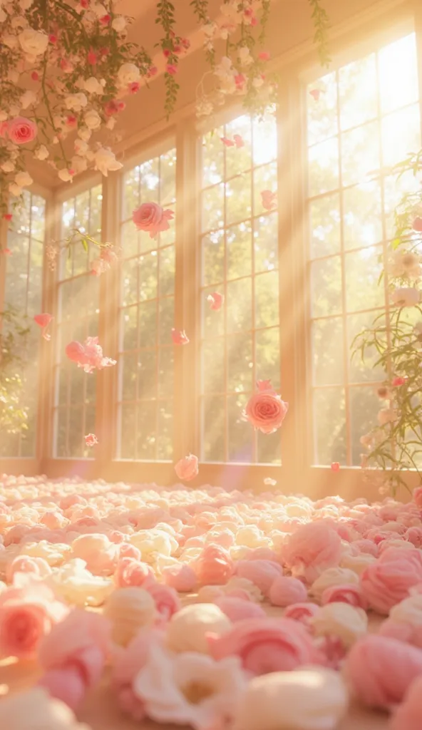 The scene where the sun shines in, big windows, big pink and white roses in a string fall on the floor ， live streaming background ，fantasy surreal