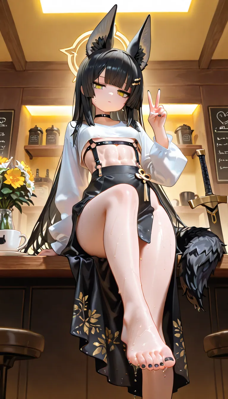 1girl, yellow eyes, jitome, dark black long stright hair, long straight bob, straight bangs, hime cut, small Breast, white clothes, jackal tail, loose cropped top, white anubis girl, slit skirt, office suit, flower pettern clothes, Choker, bare legs, foot,...