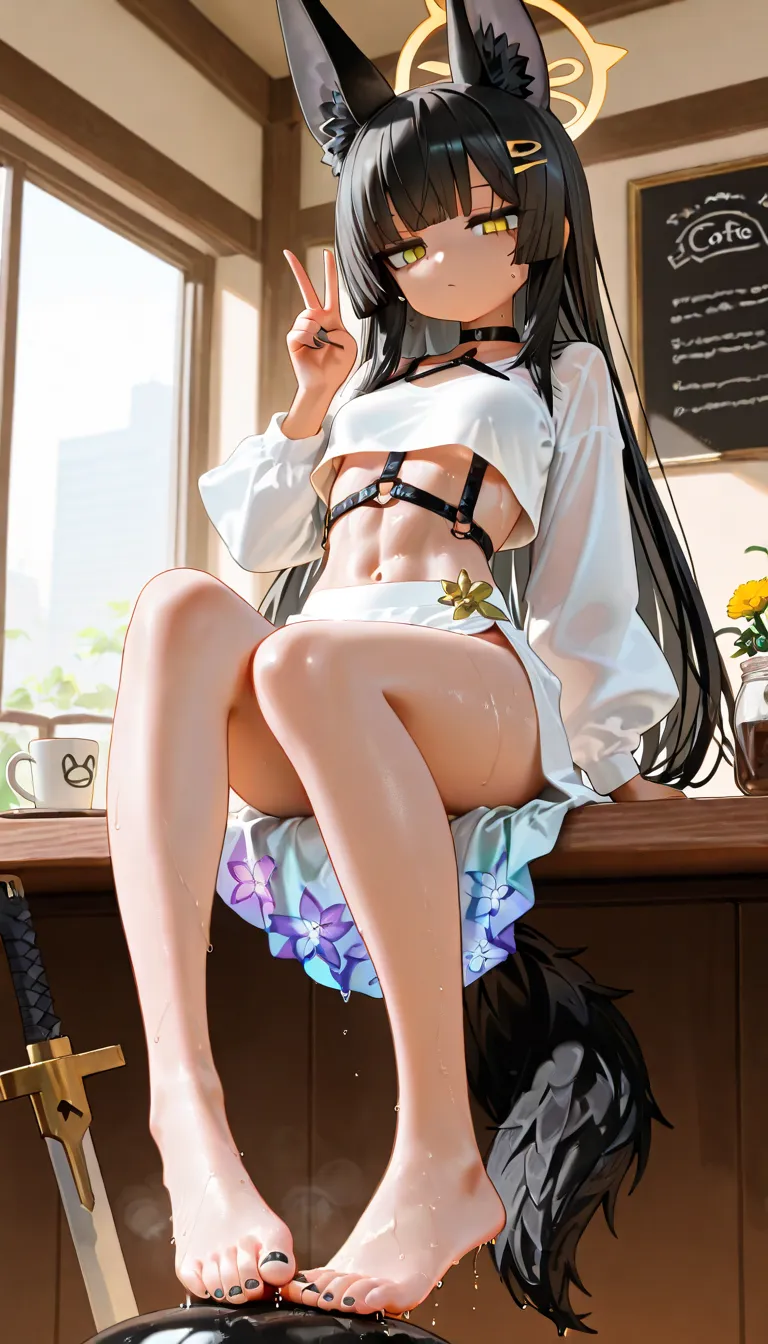 1girl, yellow eyes, jitome, dark black long stright hair, long straight bob, straight bangs, hime cut, small Breast, white clothes, jackal tail, loose cropped top, white anubis girl, slit skirt, office suit, flower pettern clothes, Choker, bare legs, foot,...