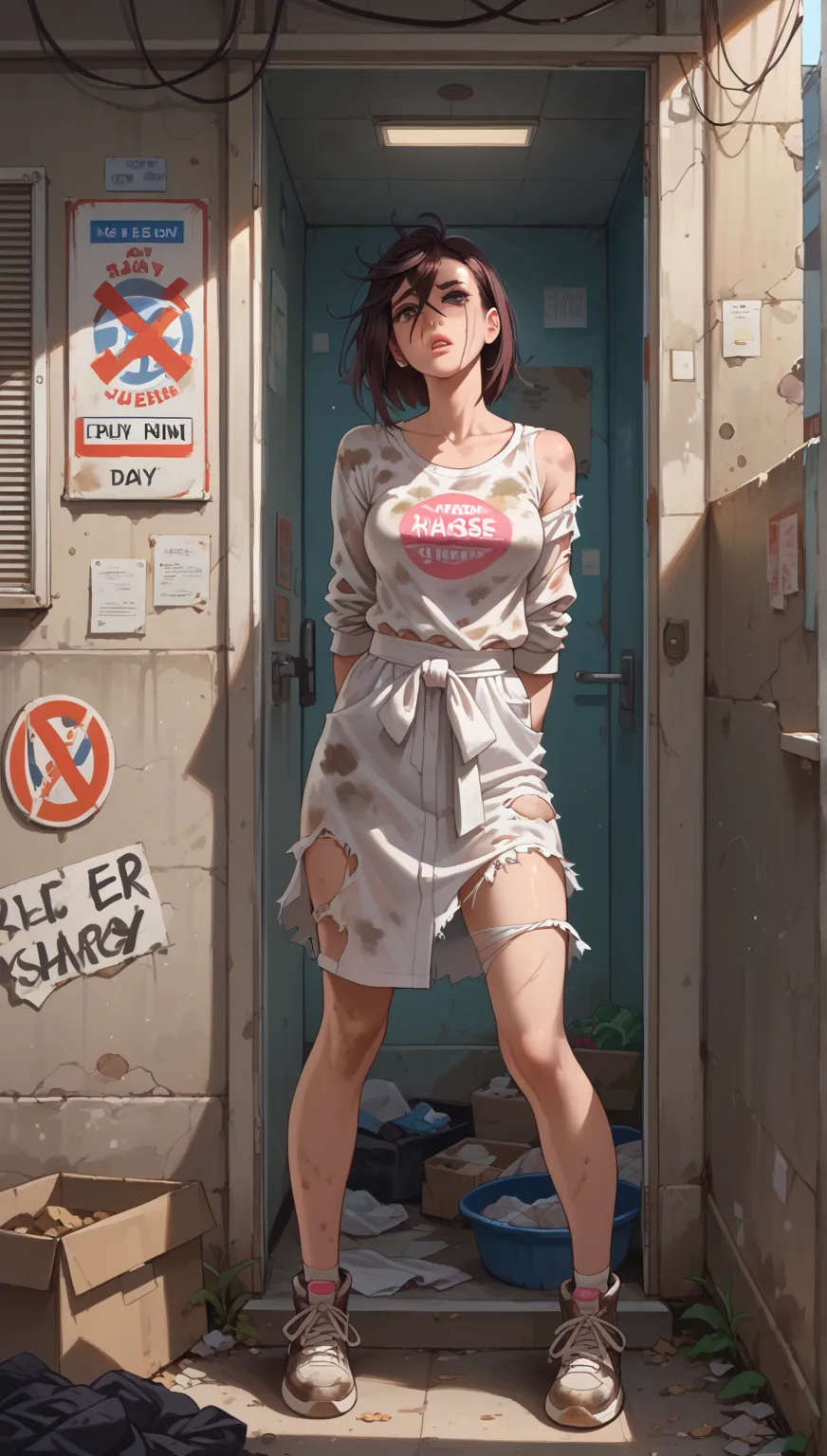 rape, Ayase Momo in homeless bum clothes standing in a garbage dump, dirty and torn clothes, dirty spots on her face and skin, beautiful gray detailed eyes, beautiful detailed lips, bright colors, garbage in the background, soft lighting, dirty hair flutte...