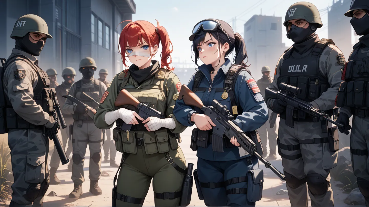 war　girls　In the trenches　 on ESDE　injury　night　bandages on hands　illustration for both eyes　anime　older sister　rifle　cute　 dark　Modern times　soldier