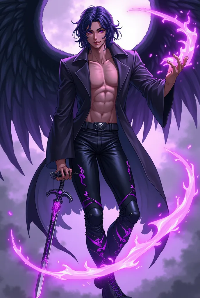 A sexy cuddly male Angel , with light purple eyes,  with black hair with dark purple tones , dressed like a Jedi in black with shades of purple ,  wearing tight black leather pants with bright tones,  wearing war boots in black with shades of purple , with...