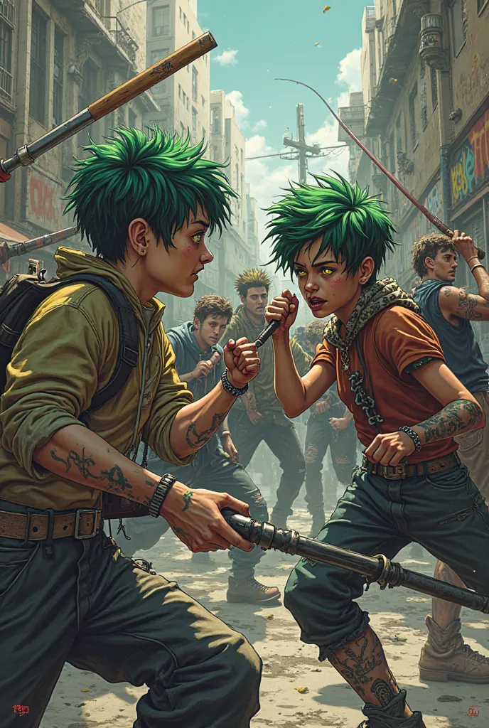 group of young post-punk people with green hair and yellow eyes fighting against a group of priests with weapons